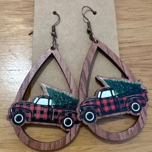 Plaid Truck Christmas Tree Wood Cutout Teardrop Earrings